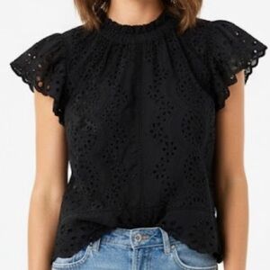 Elegant Black Eyelet Blouse with Ruffle Sleeves